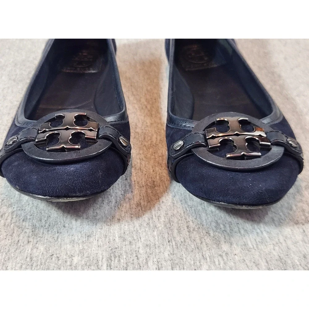 Tory Burch Reva Ballet Flats Womens 7M Navy Blue Suede Logo Medallion